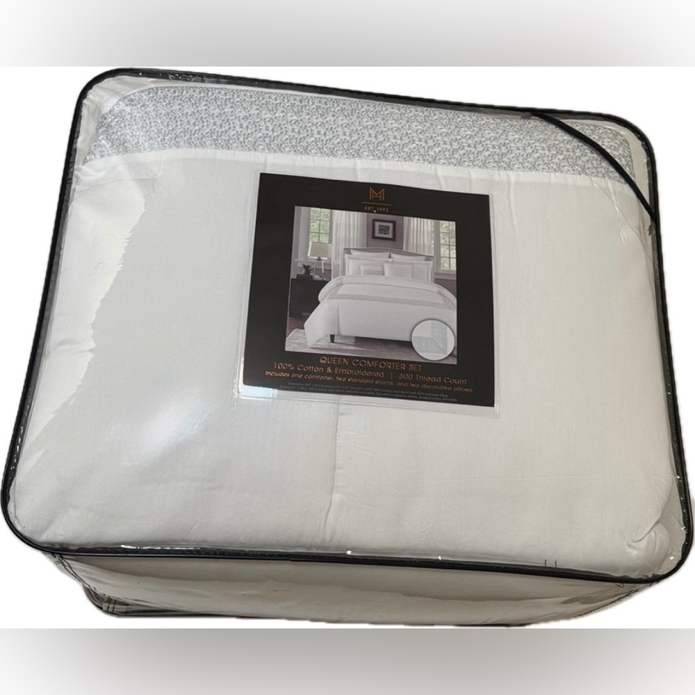 NEW! COMFORTER SET 100% COTTON MANOR HOTEL WHITE FROSTED BLUE SKY QUEEN 5 PIECES